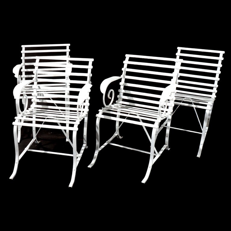 Four Antique Arts & Crafts Painted Wrought Iron Garden Patio Chairs c1920