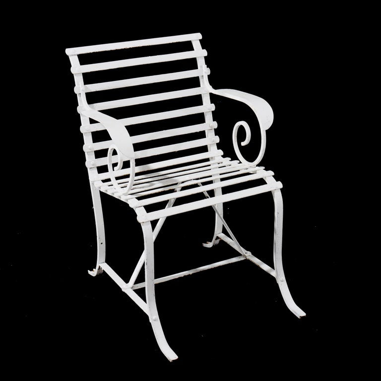 Four Antique Arts & Crafts Painted Wrought Iron Garden Patio Chairs c1920