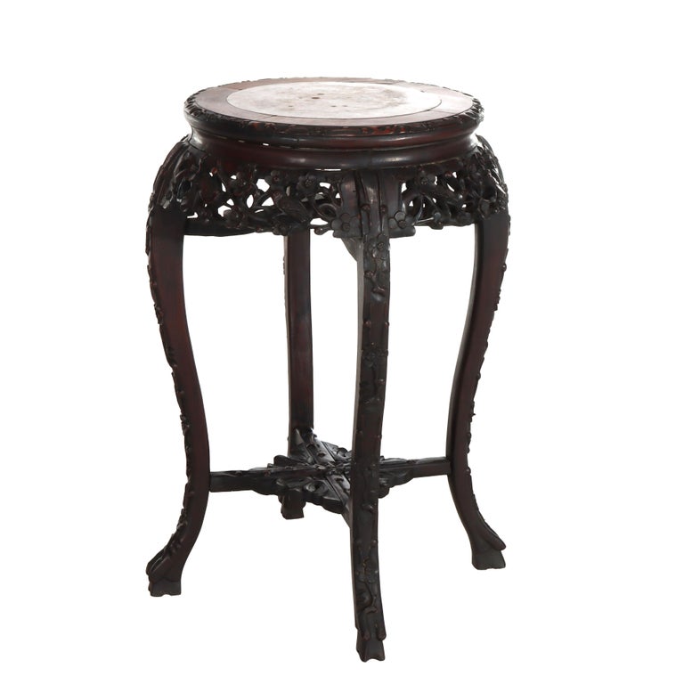 Antique Chinese Floral Carved Rosewood Rouge Marble Top Stand c1910