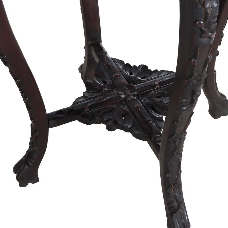 Antique Chinese Floral Carved Rosewood Rouge Marble Top Stand c1910