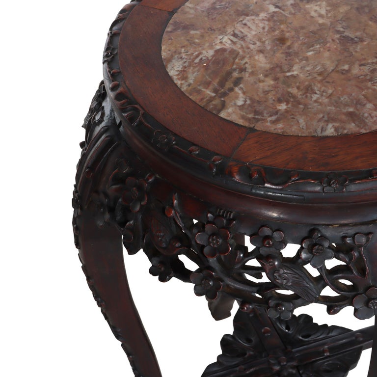Antique Chinese Floral Carved Rosewood Rouge Marble Top Stand c1910
