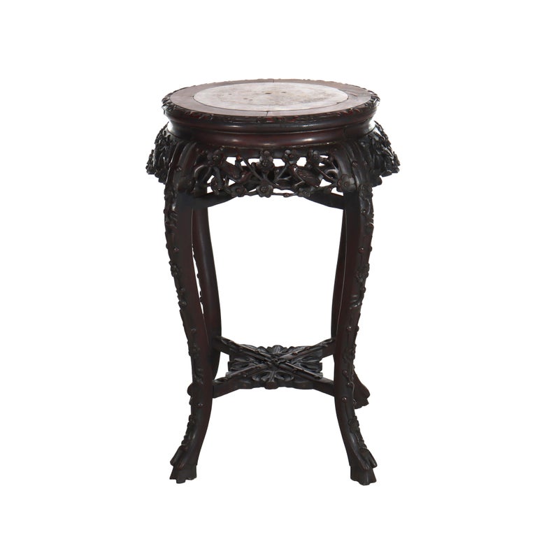 Antique Chinese Floral Carved Rosewood Rouge Marble Top Stand c1910