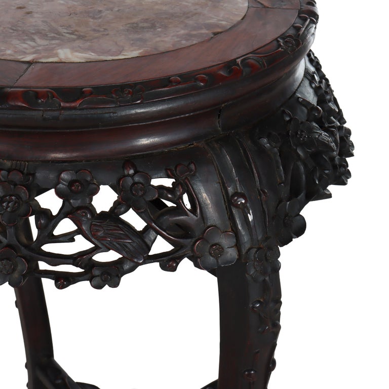 Antique Chinese Floral Carved Rosewood Rouge Marble Top Stand c1910