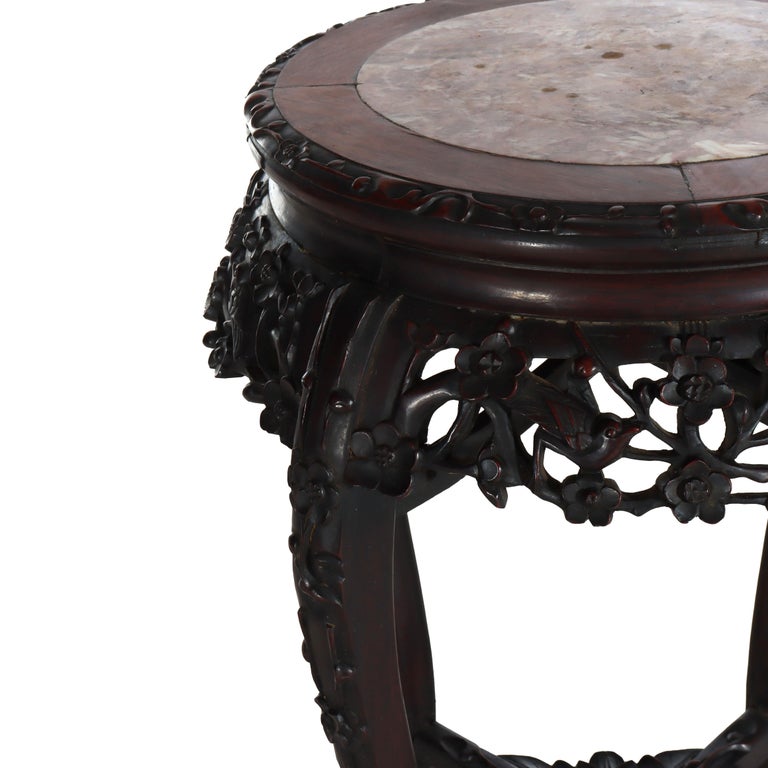 Antique Chinese Floral Carved Rosewood Rouge Marble Top Stand c1910