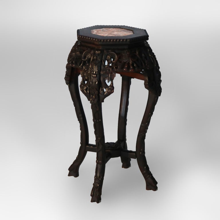 Antique Chinese Carved Rosewood Rouge Marble Top Table