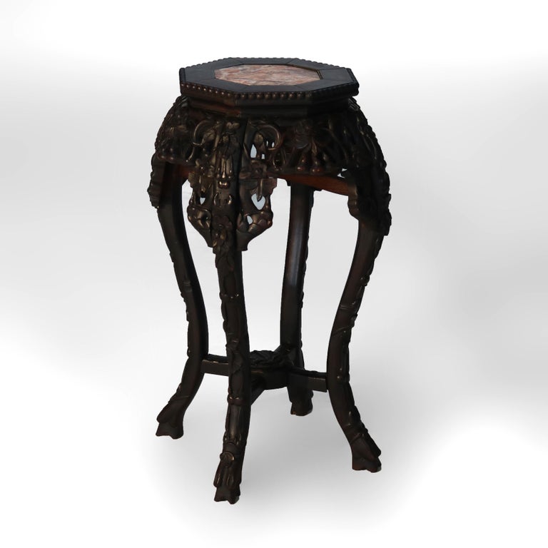 Antique Chinese Carved Rosewood Rouge Marble Top Table