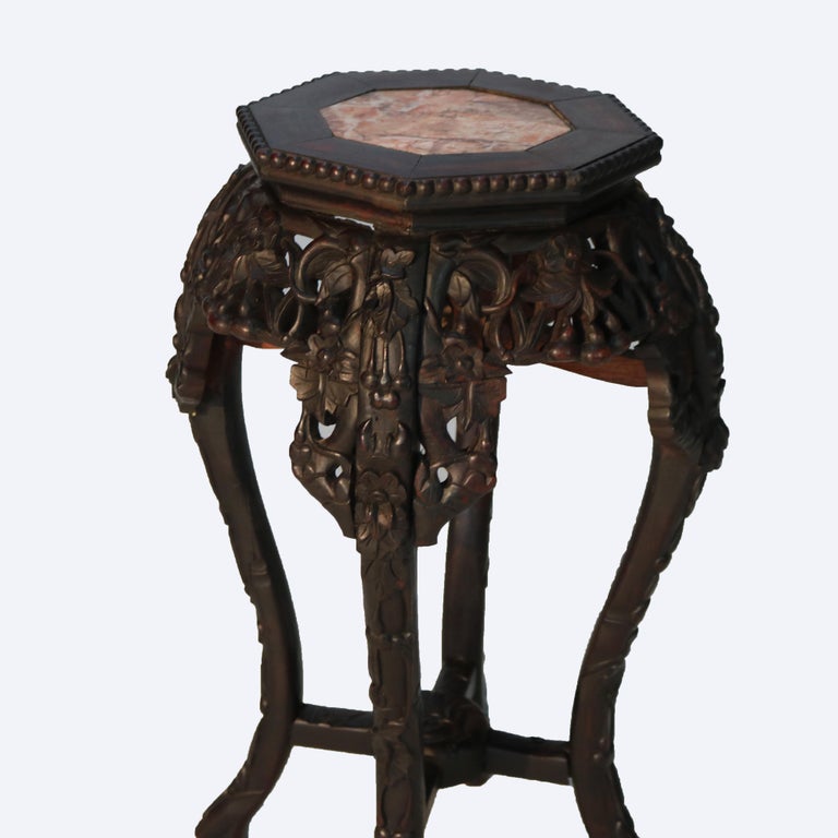 Antique Chinese Carved Rosewood Rouge Marble Top Table