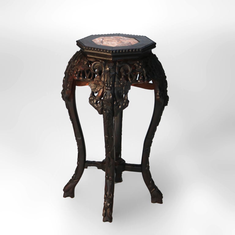 Antique Chinese Carved Rosewood Rouge Marble Top Table