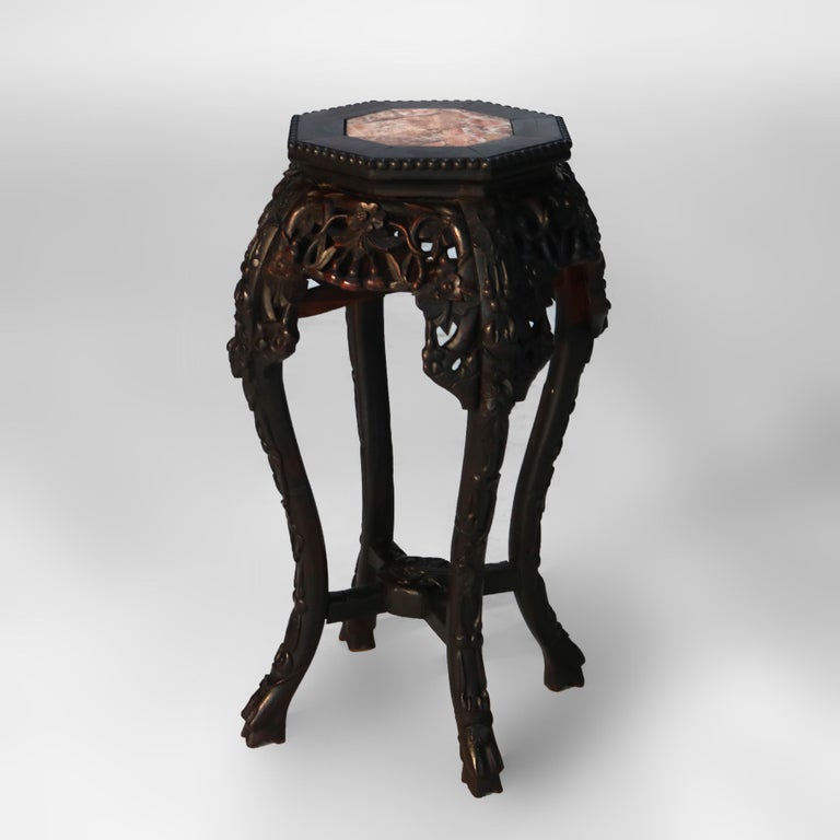 Antique Chinese Carved Rosewood Rouge Marble Top Table