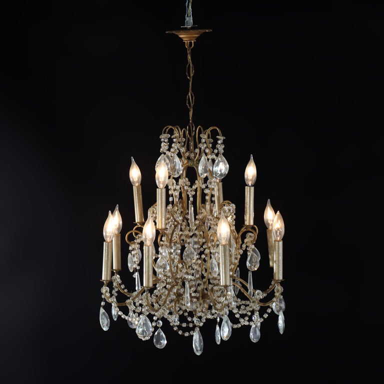 Antique French Louis XIV Style Brass & Crystal 12-Light Teired Chandelier c1930