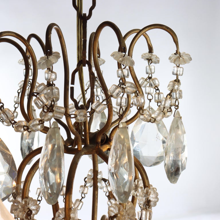 Antique French Louis XIV Style Brass & Crystal 12-Light Teired Chandelier c1930