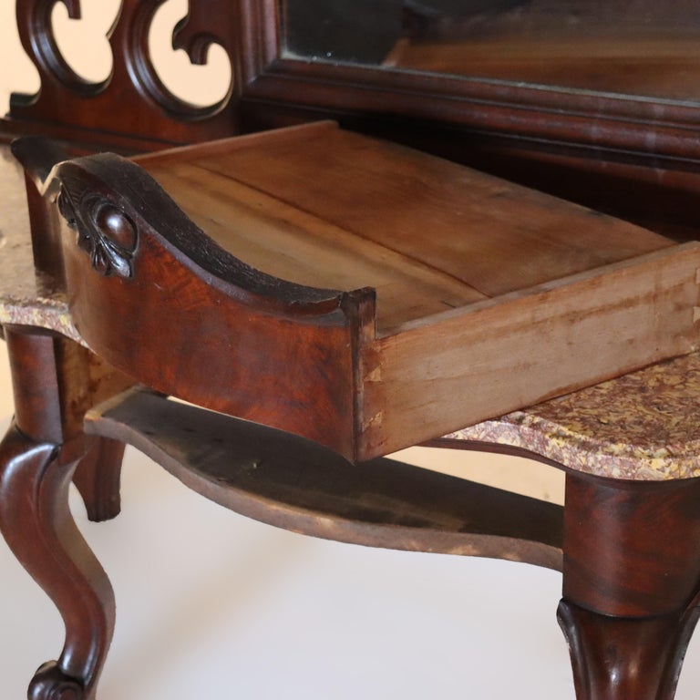 Antique Rococo Revival Carved Walnut Rouge Marble Top Pier Mirror c1890