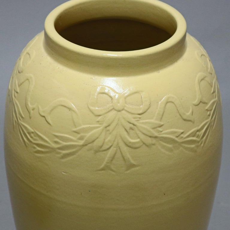Pair Galloway Ribbon & Garland Embossed Art Pottery Floor Vases C1930
