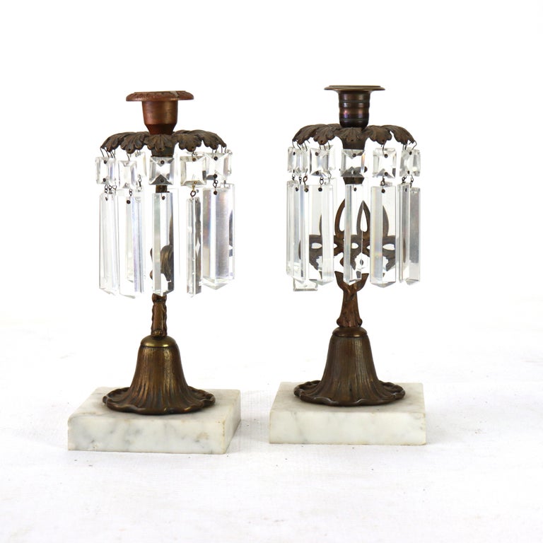 Pair Of Antique Bronze, Marble & Crystal Single Candle Candelabras c1890