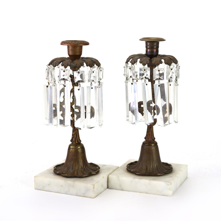 Pair Of Antique Bronze, Marble & Crystal Single Candle Candelabras c1890