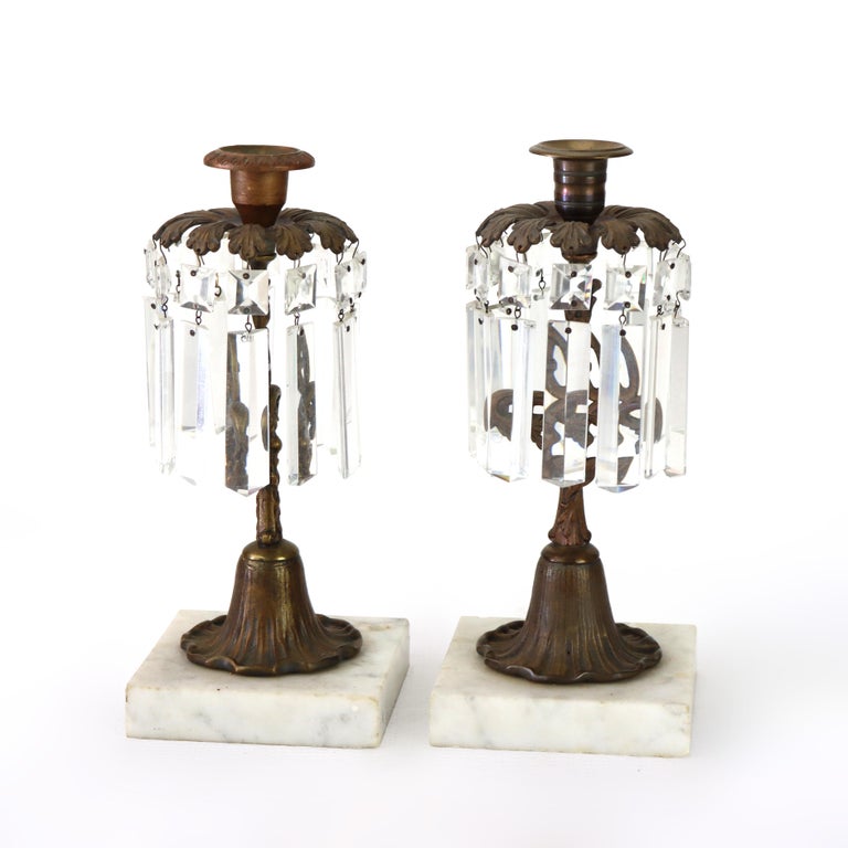 Pair Of Antique Bronze, Marble & Crystal Single Candle Candelabras c1890
