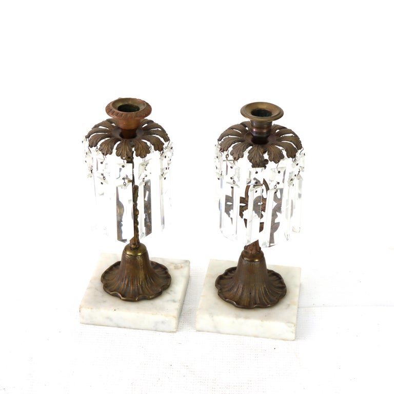 Pair Of Antique Bronze, Marble & Crystal Single Candle Candelabras c1890