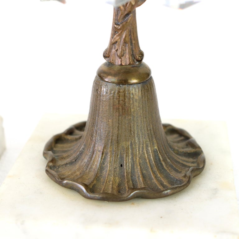 Pair Of Antique Bronze, Marble & Crystal Single Candle Candelabras c1890