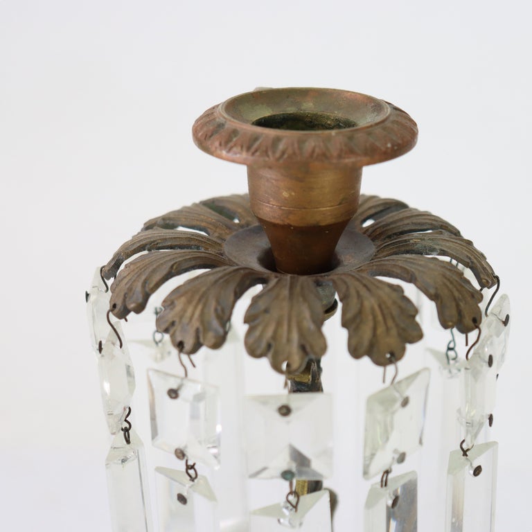 Pair Of Antique Bronze, Marble & Crystal Single Candle Candelabras c1890