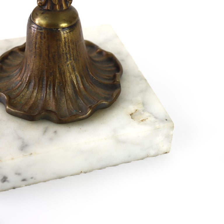 Pair Of Antique Bronze, Marble & Crystal Single Candle Candelabras c1890