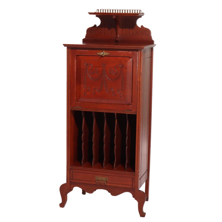 Eastlake Style Chip Carved Cherry & Ormolu Drop Front Music Cabinet Stand C1890
