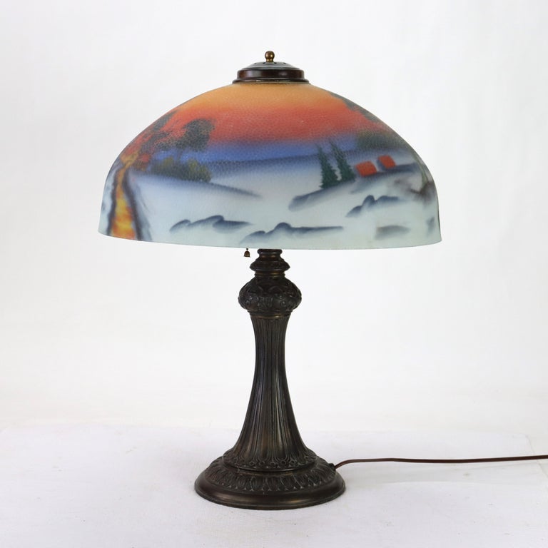 Arts & Crafts Reverse Painted Winter Landscape Lamp, Manner of Jefferson, c1920