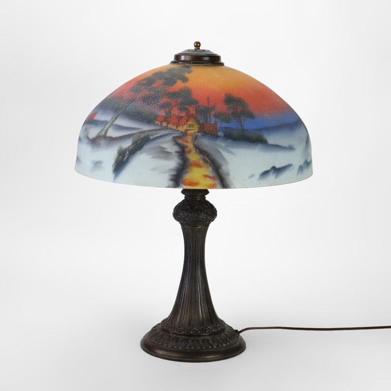 Arts & Crafts Reverse Painted Winter Landscape Lamp, Manner of Jefferson, c1920