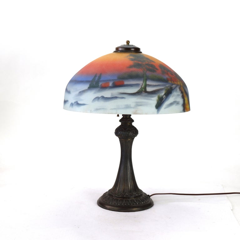 Arts & Crafts Reverse Painted Winter Landscape Lamp, Manner of Jefferson, c1920