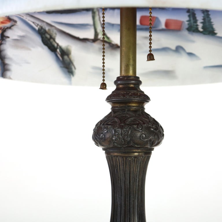 Arts & Crafts Reverse Painted Winter Landscape Lamp, Manner of Jefferson, c1920