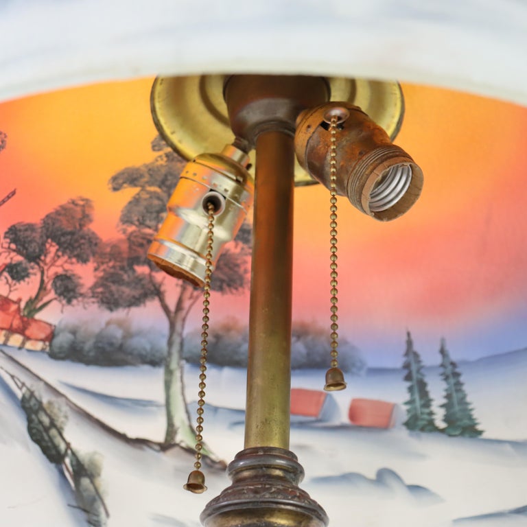 Arts & Crafts Reverse Painted Winter Landscape Lamp, Manner of Jefferson, c1920