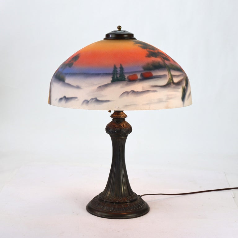 Arts & Crafts Reverse Painted Winter Landscape Lamp, Manner of Jefferson, c1920