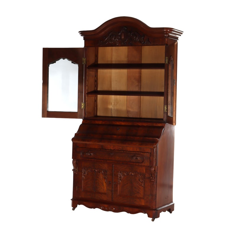 Antique Neoclassical Renaissance Revival Flame Mahogany Drop Front Secretary