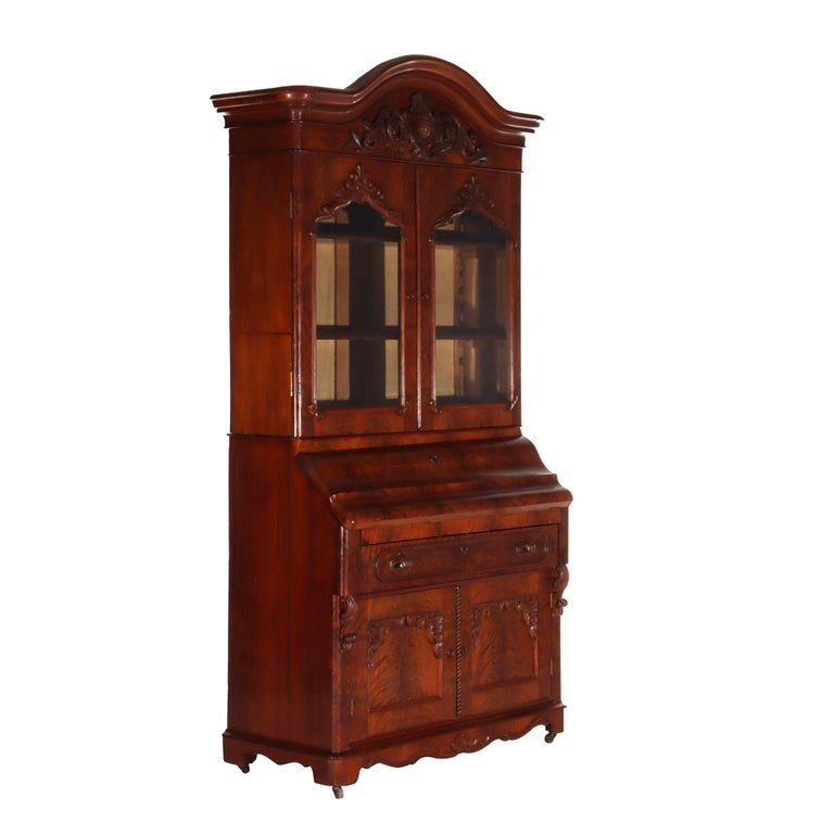 Antique Neoclassical Renaissance Revival Flame Mahogany Drop Front Secretary