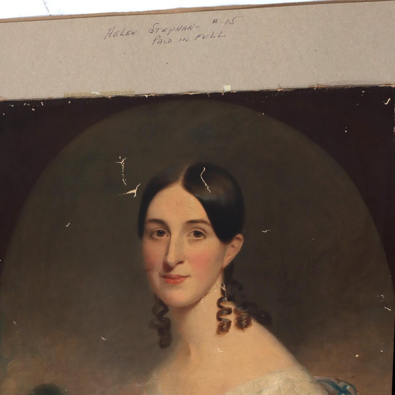 Antique Oil On Canvas Portrait Painting Of A Debutant C1820