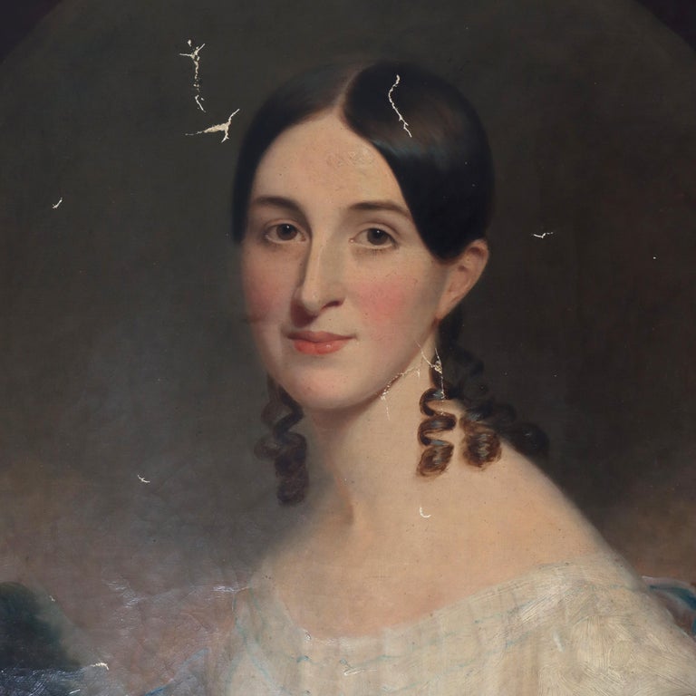 Antique Oil On Canvas Portrait Painting Of A Debutant C1820