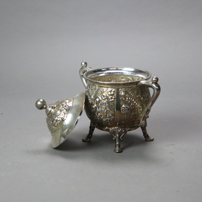 Six-Piece Antique Silver Plated Floral Repousse Tea Set C1890