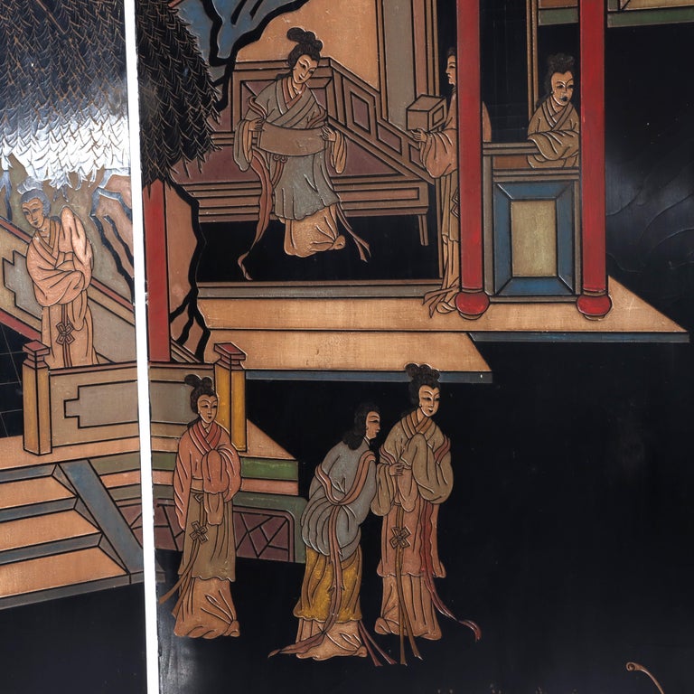 Antique Chinese Carved, Ebonized & Hand Painted Four-Panel Dressing Screen c1930