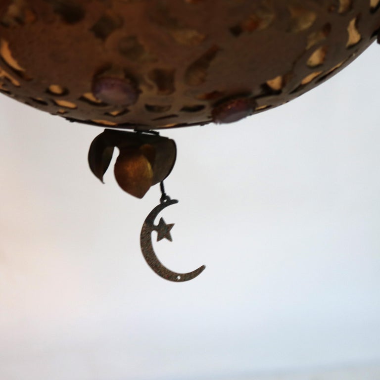 Antique Arts & Crafts Pierced Brass & Jeweled Ball Shade Pendant Light C1920