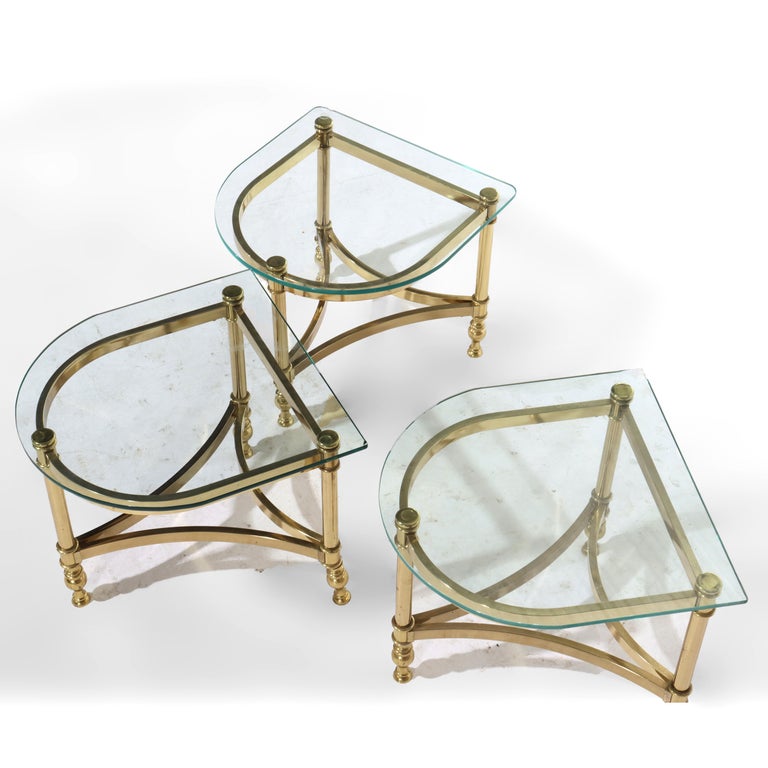 Three Vintage Hollywood Regency MCM Brass & Glass Side Tables C1960