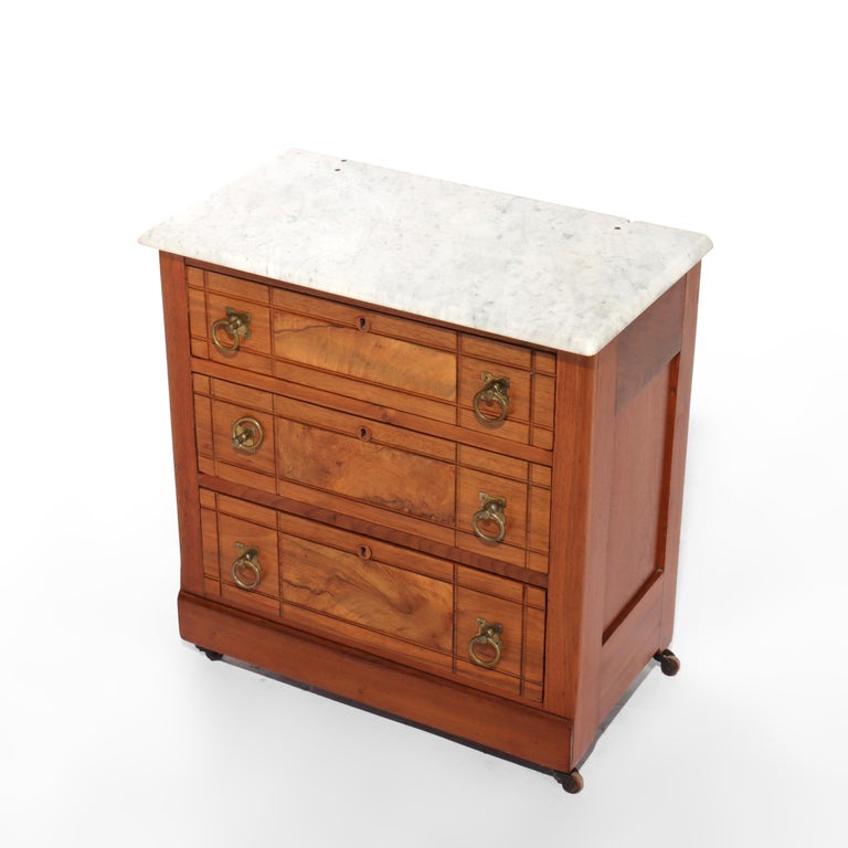 Antique Eastlake School Walnut & Burl Three Drawer Marble Top Commode C1890