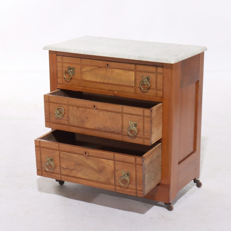 Antique Eastlake School Walnut & Burl Three Drawer Marble Top Commode C1890
