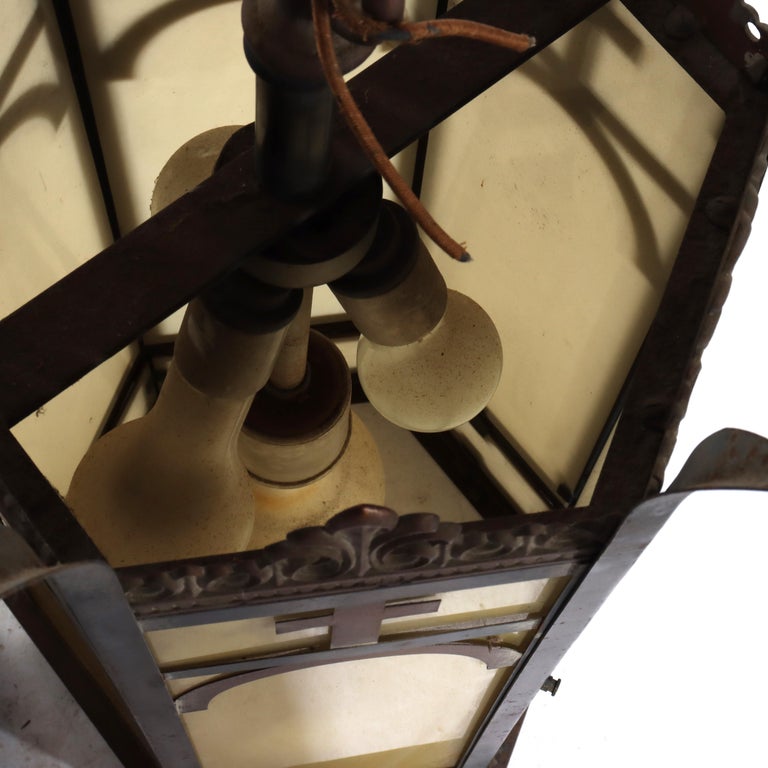 Pair of Antique Gothic Bronze, Brass & Glass Hanging Church Lights C1920