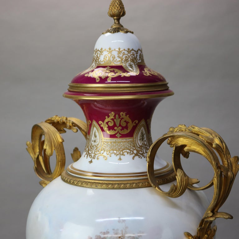Antique French Sevres Louis XIV Style Porcelain & Ormolu Lidded Floor Urn c1890