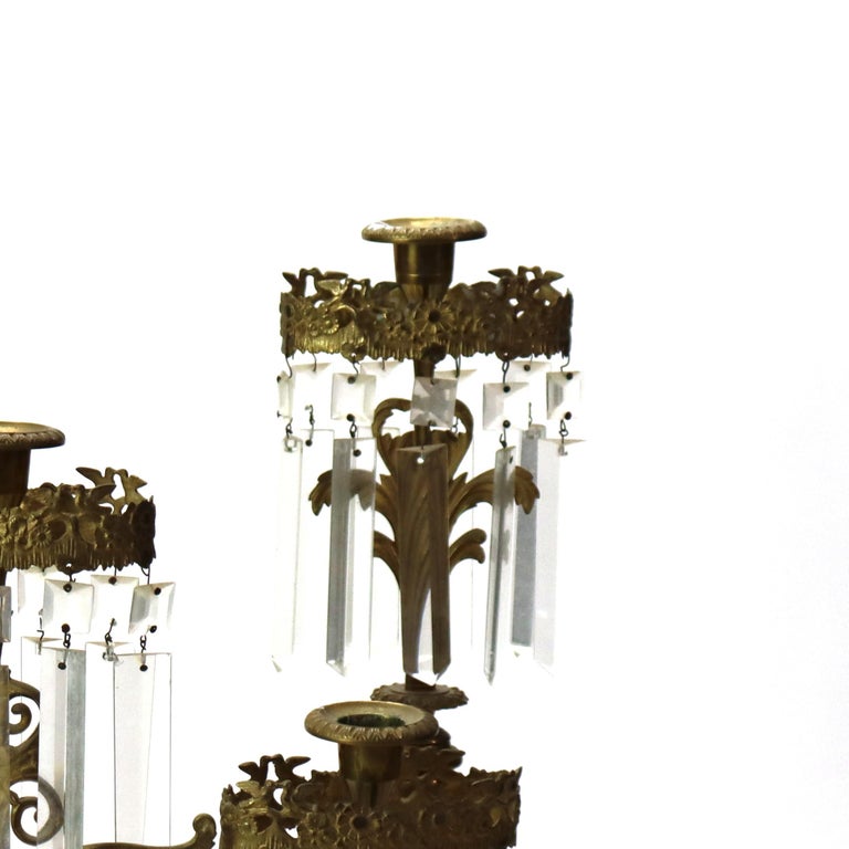 Three Piece Antique Bronze & Crystal Girandole Set With Marble Base c1900