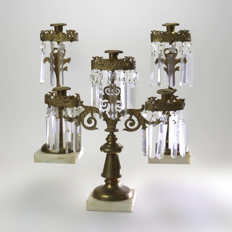 Three Piece Antique Bronze & Crystal Girandole Set With Marble Base c1900