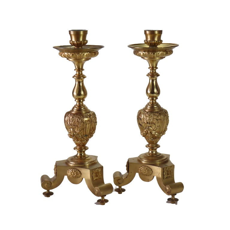 Pair of Antique French Brass & Fire Gilt Bronze Figural Candlesticks C1890