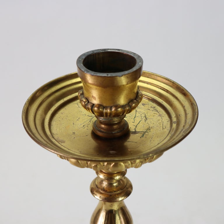 Pair of Antique French Brass & Fire Gilt Bronze Figural Candlesticks C1890