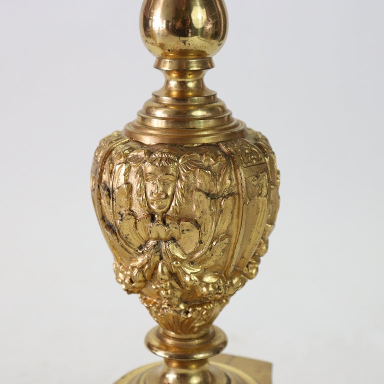 Pair of Antique French Brass & Fire Gilt Bronze Figural Candlesticks C1890