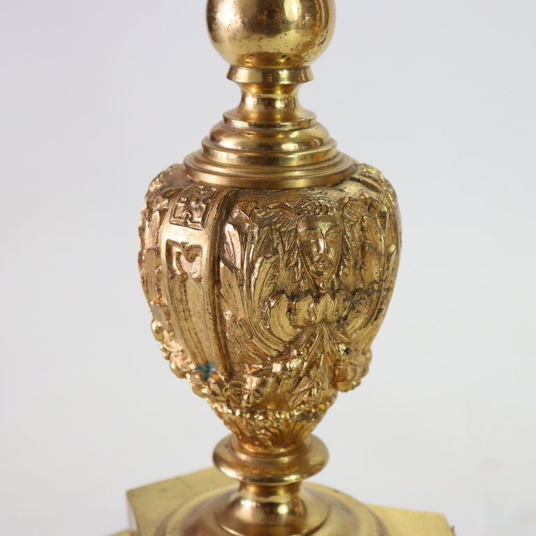 Pair of Antique French Brass & Fire Gilt Bronze Figural Candlesticks C1890