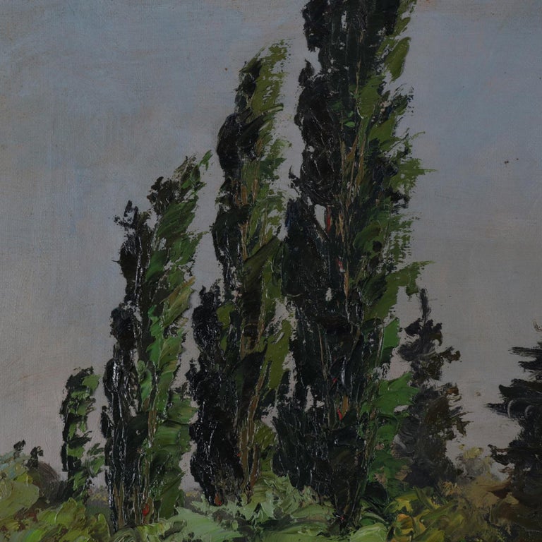 Oil on Canvas Riverscape Painting with Boat and Home, 20th Century